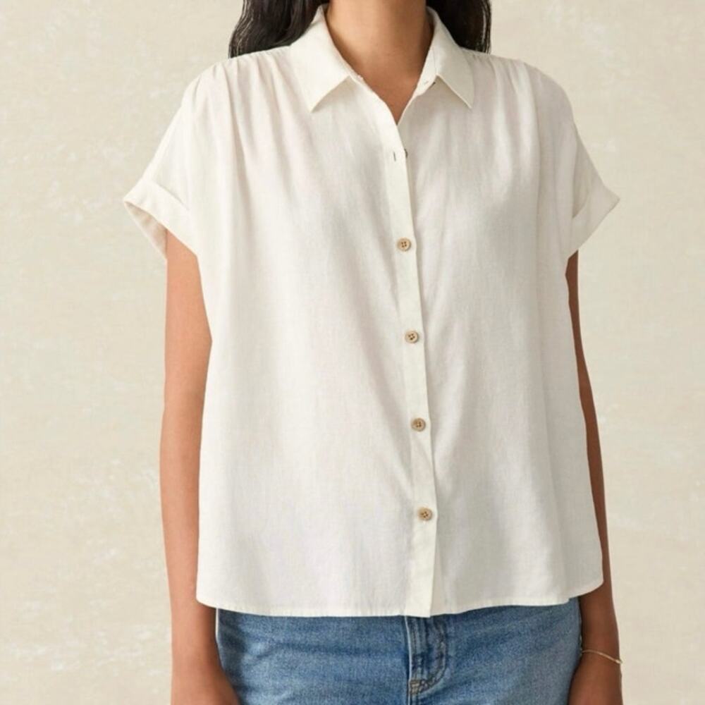 Faherty Size L Breeze Shirt Top Blouse Button Up Linen Blend White TINY FLAW